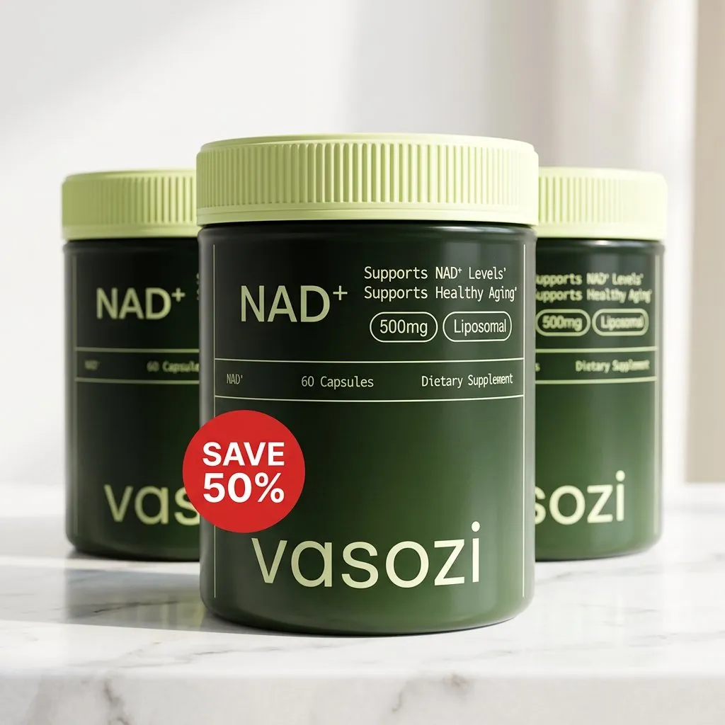 Three Vasozi NAD+ bottles with Save 50% badge