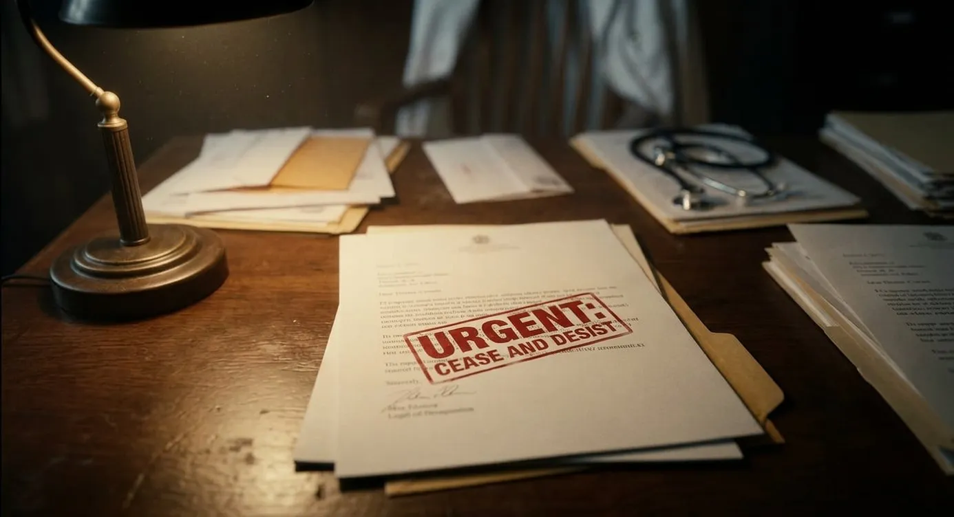 Urgent cease and desist letter on a doctor's desk