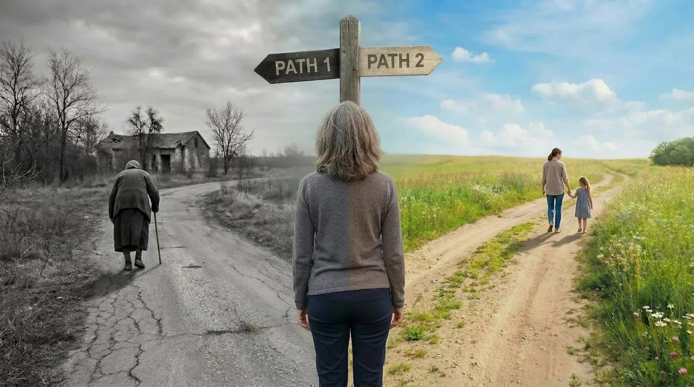 A woman standing at a fork in the road choosing between two paths — one leading to decline, the other to an active life