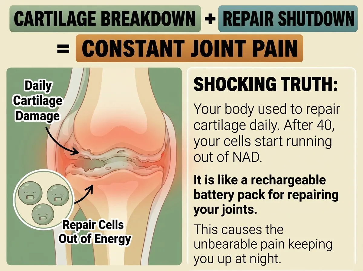 Cartilage breakdown plus repair shutdown equals constant joint pain