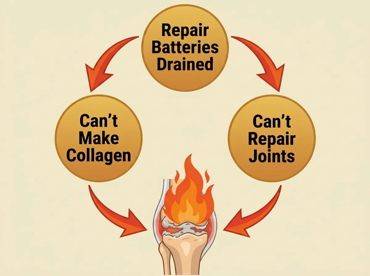 Vicious cycle: repair batteries drained, can't make collagen, can't repair joints